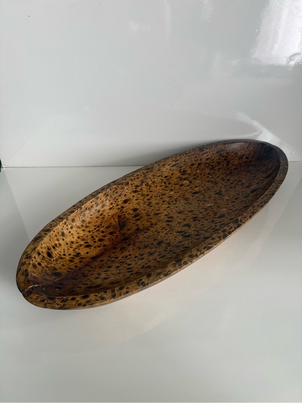 Vintage MCM Mango Wood Decorative Bowl 23.5” Long Unique Cat Eye Leaf Shape GUC